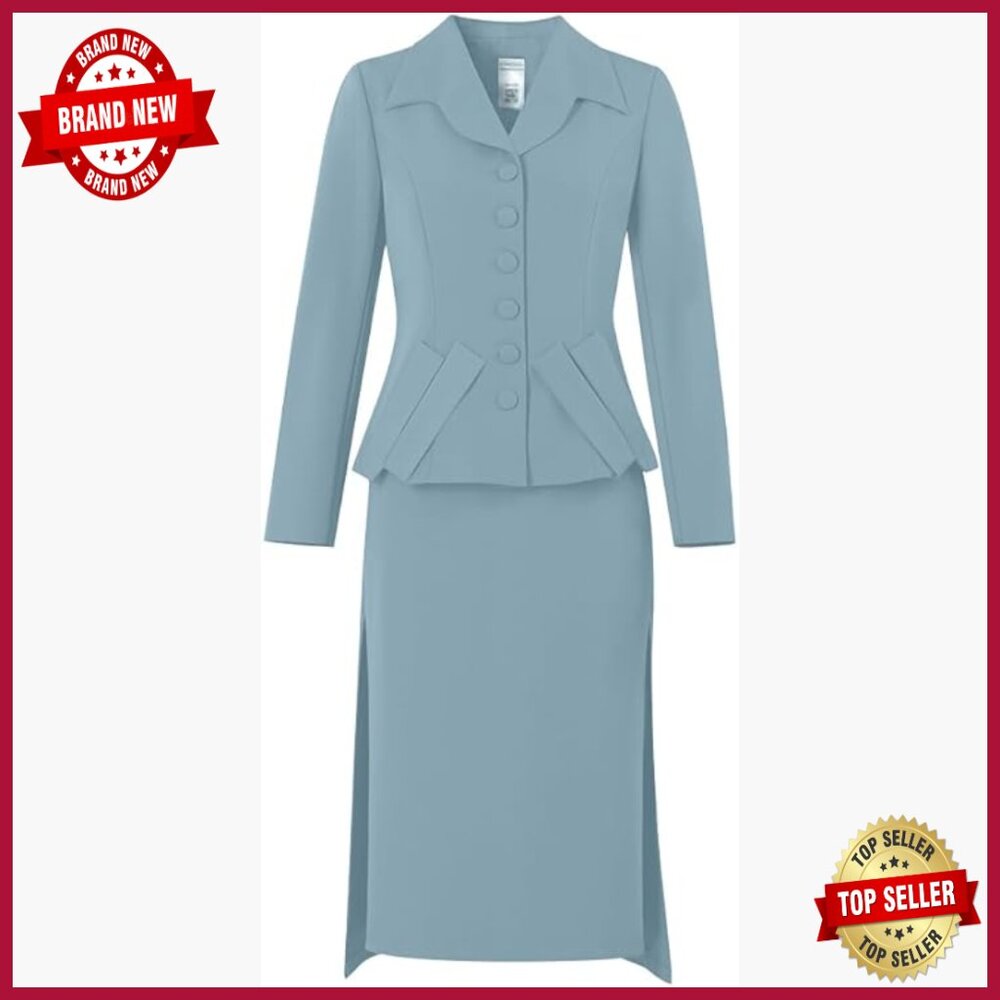 Tailored Blazer Skirt Suit Set, Long Sleeve, Peplum Waist, Knee Length